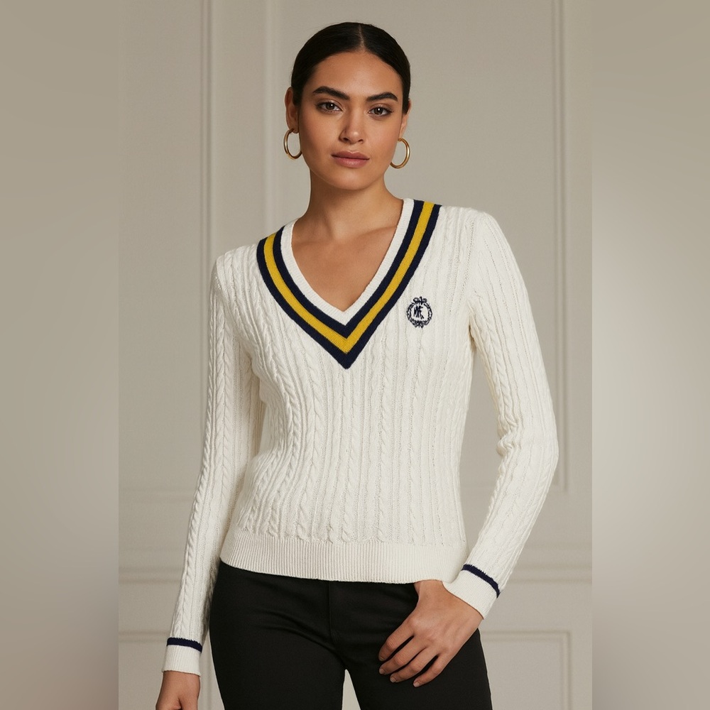 Ralph Lauren Cotton Varsity V-neck Cable Knit Sweater Embroidered Crest Logo XL - Picture 2 of 8